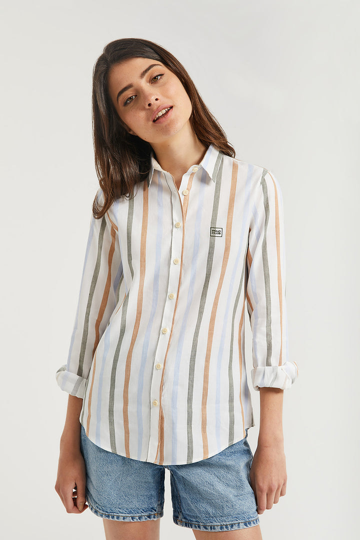 Camisa de lino y algodón de rayas anchas con detalle bordado en el pecho