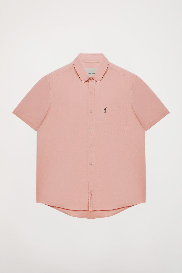 Camisa rosa de lino con bolsillo en el pecho y  logo Rigby Go