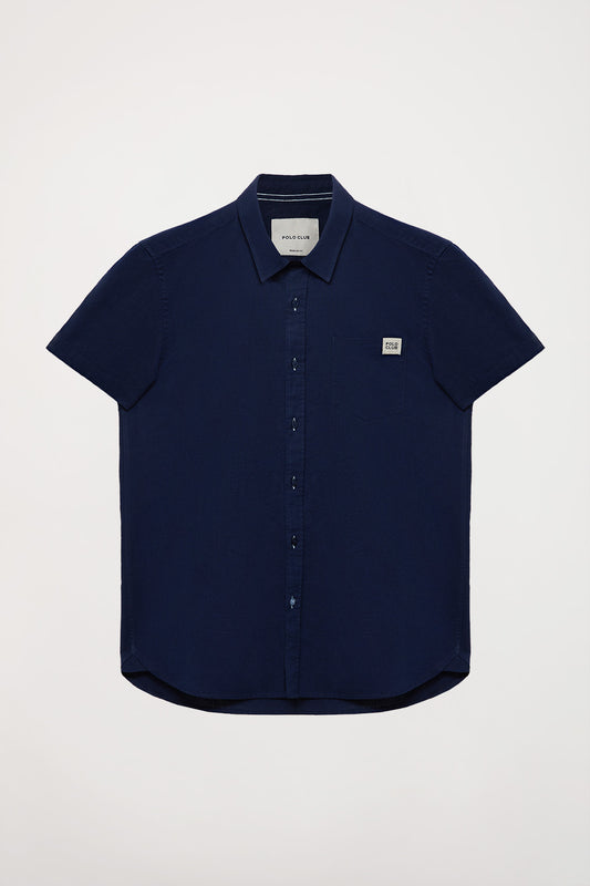 Navy-blue linen shirt with chest pocket