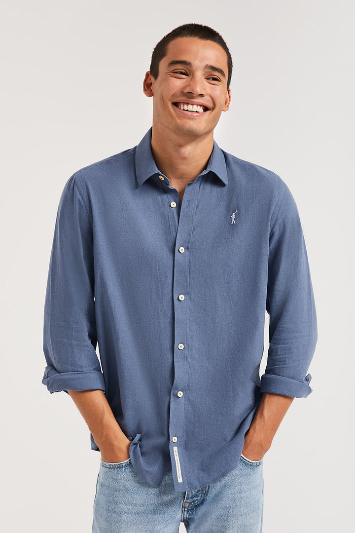 Camisa azul denim de lino-algodón con bordado Rigby Go