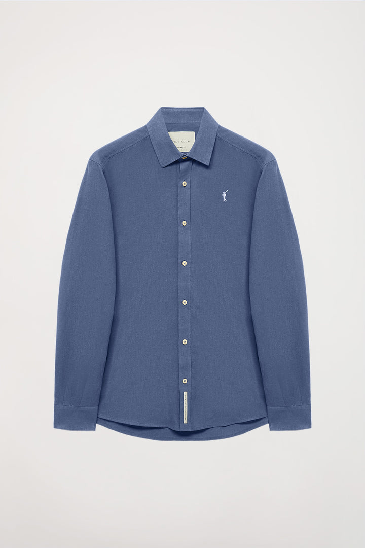 Camisa azul denim de lino-algodón con bordado Rigby Go