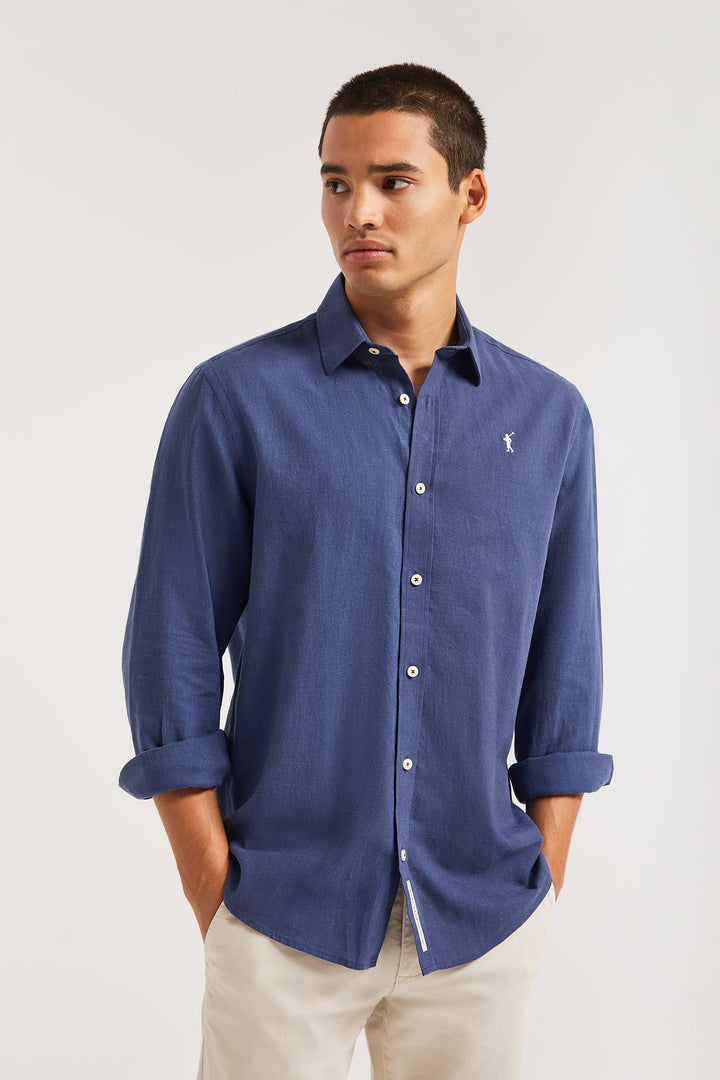 Camisa azul marino de lino-algodón con bordado Rigby Go