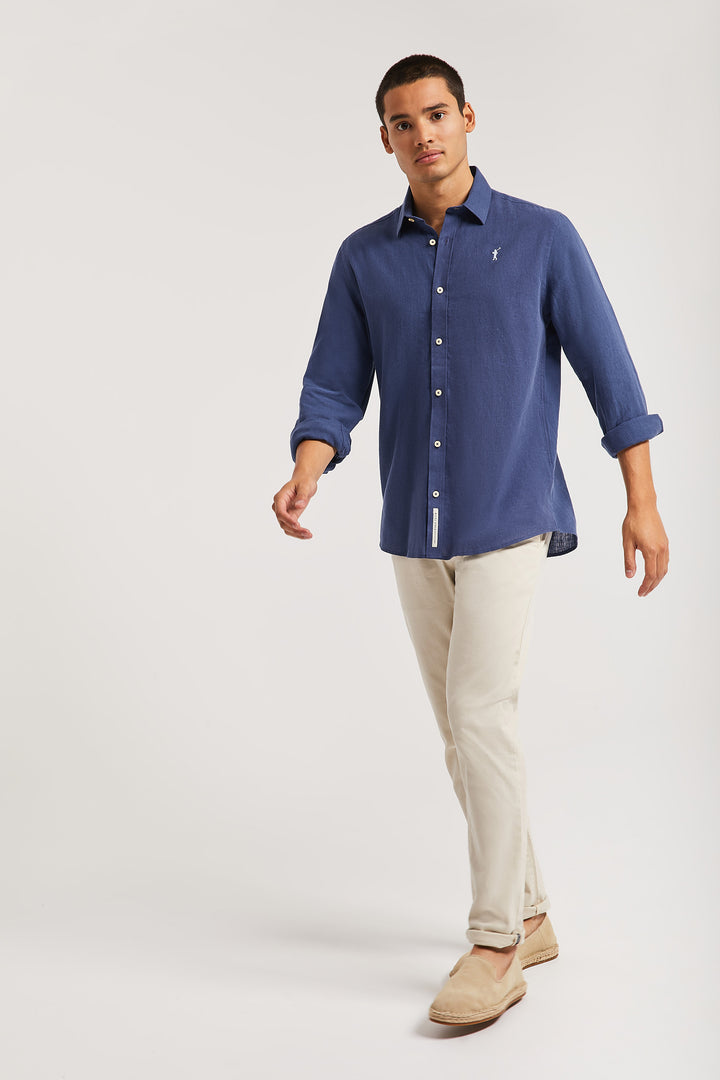 Camisa azul marinho de linho-algodão com logótipo bordado Rigby Go