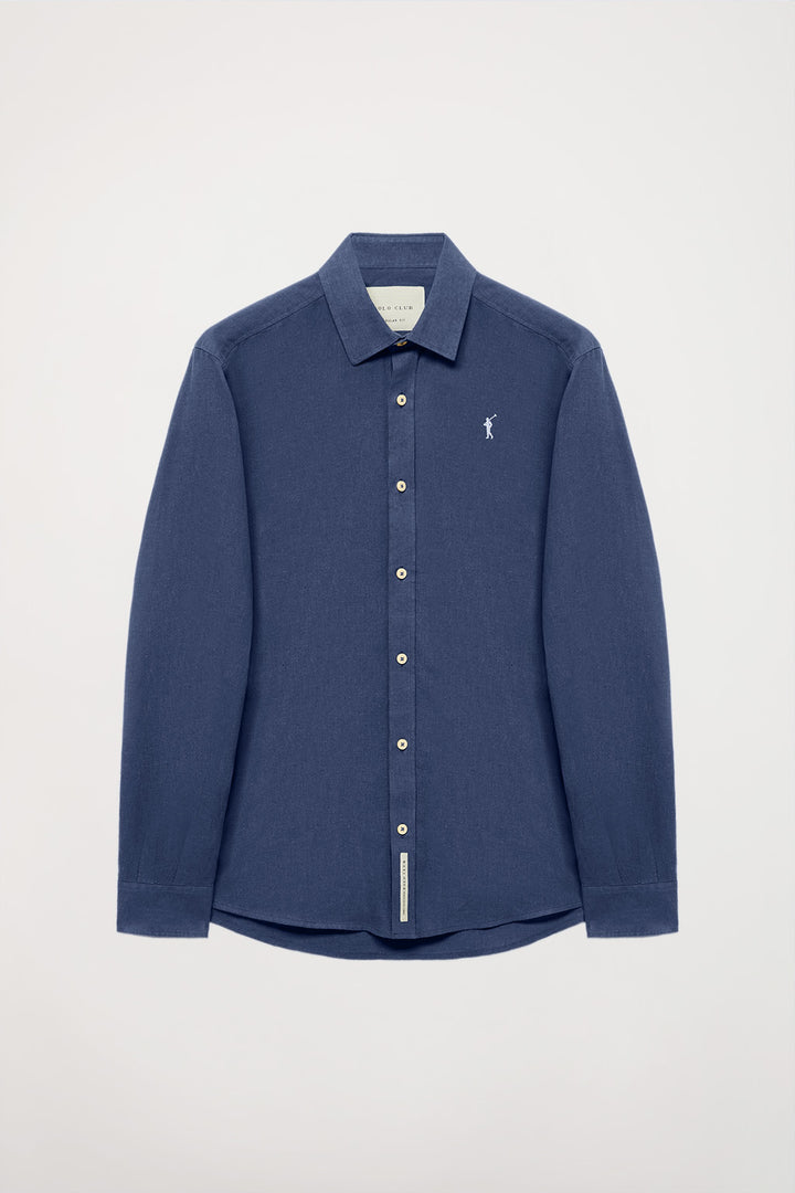 Camisa azul marino de lino-algodón con bordado Rigby Go