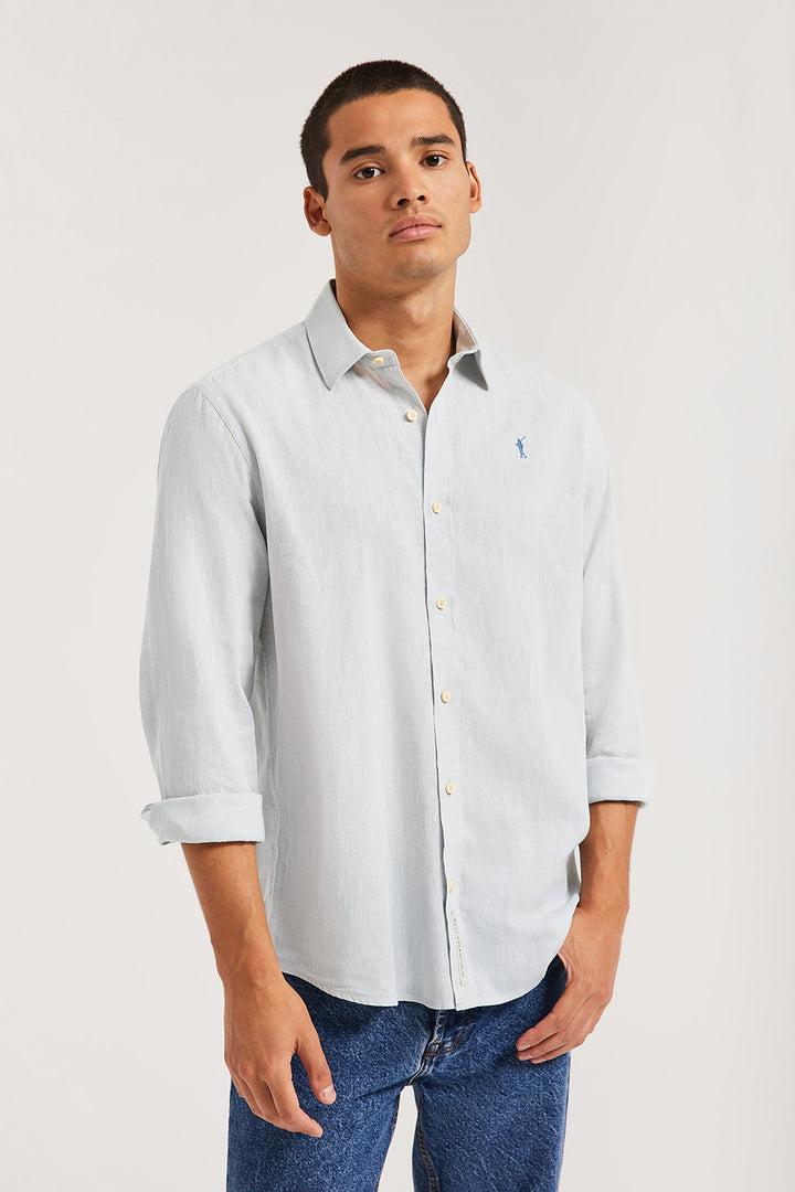 Camisa azul de lino-algodón con bordado Rigby Go