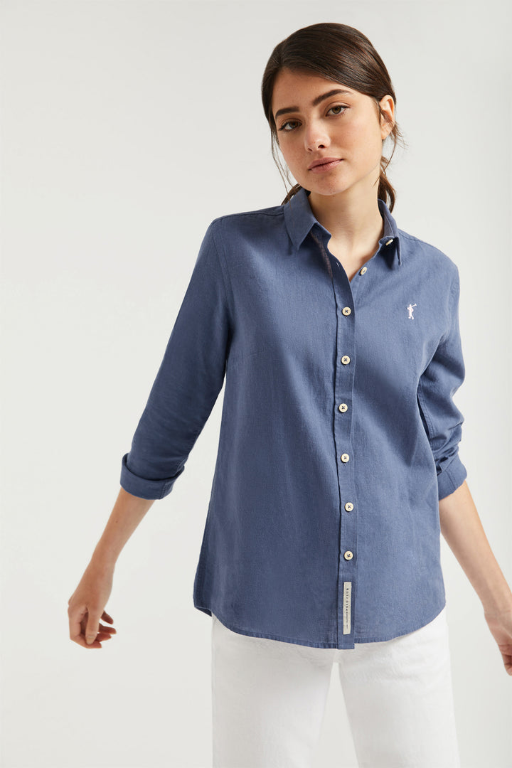 Camisa azul denim de lino-algodón con detalle bordado Rigby Go