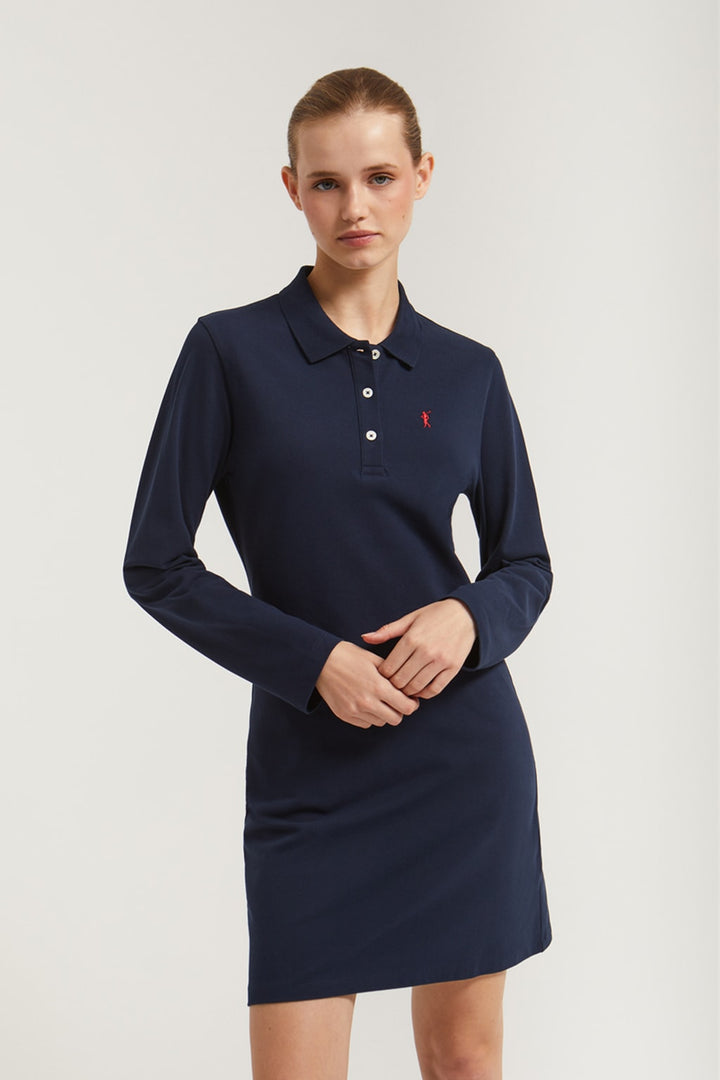 Vestido tipo polo em piqué azul marinho com bordado Rigby Go