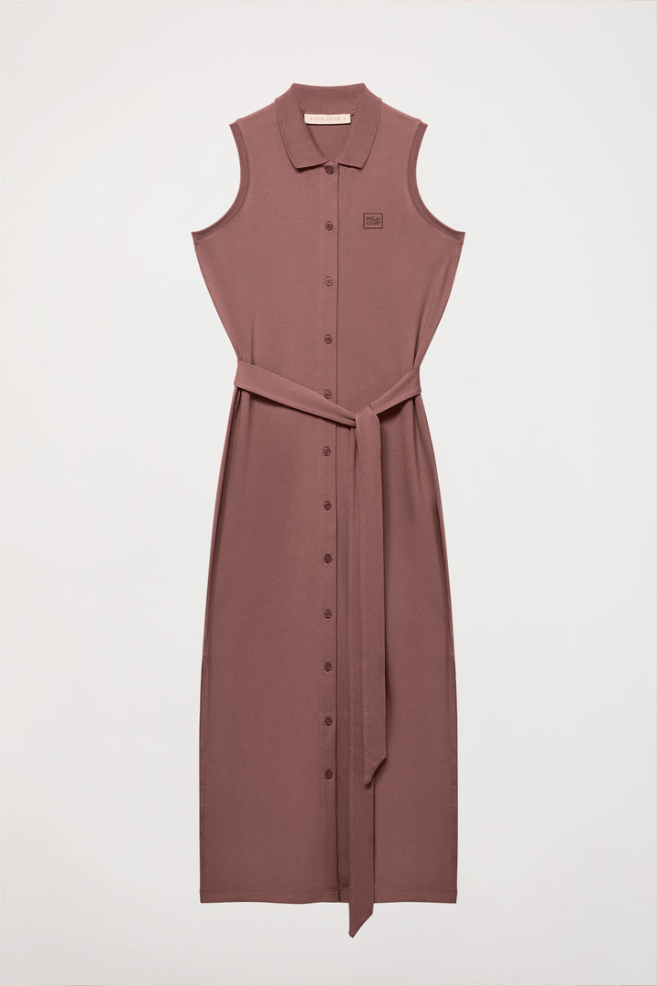Taupe sleeveless dress with embroidered logo in matching colour