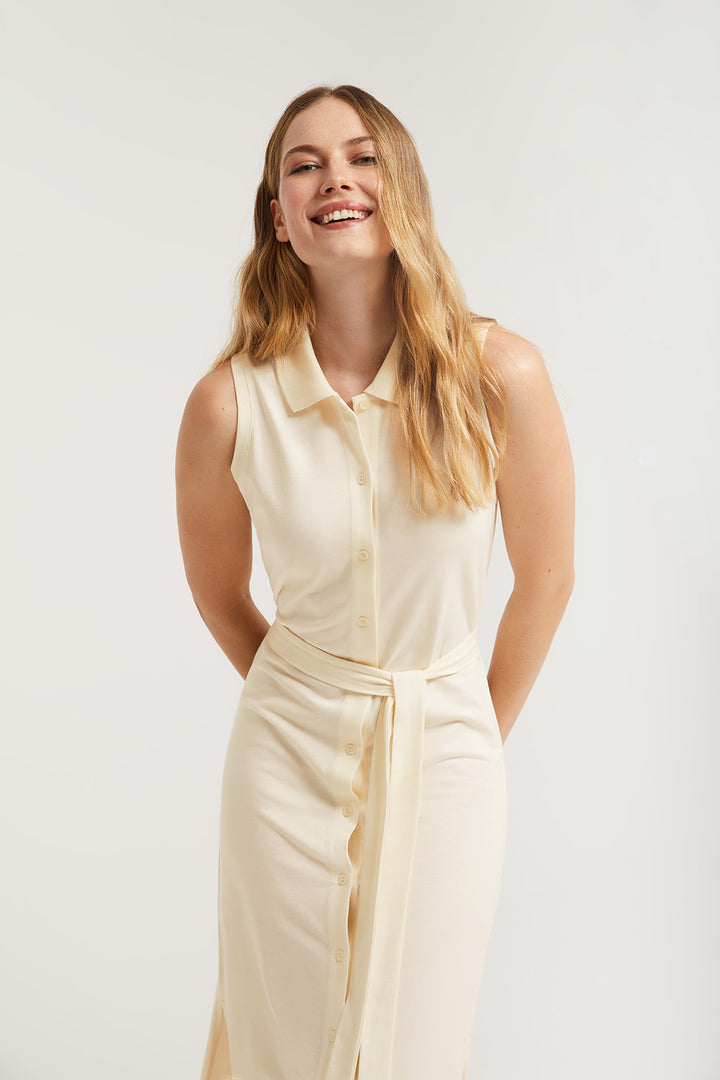 Vestido beige sem mangas com logótipo bordado no mesmo tom