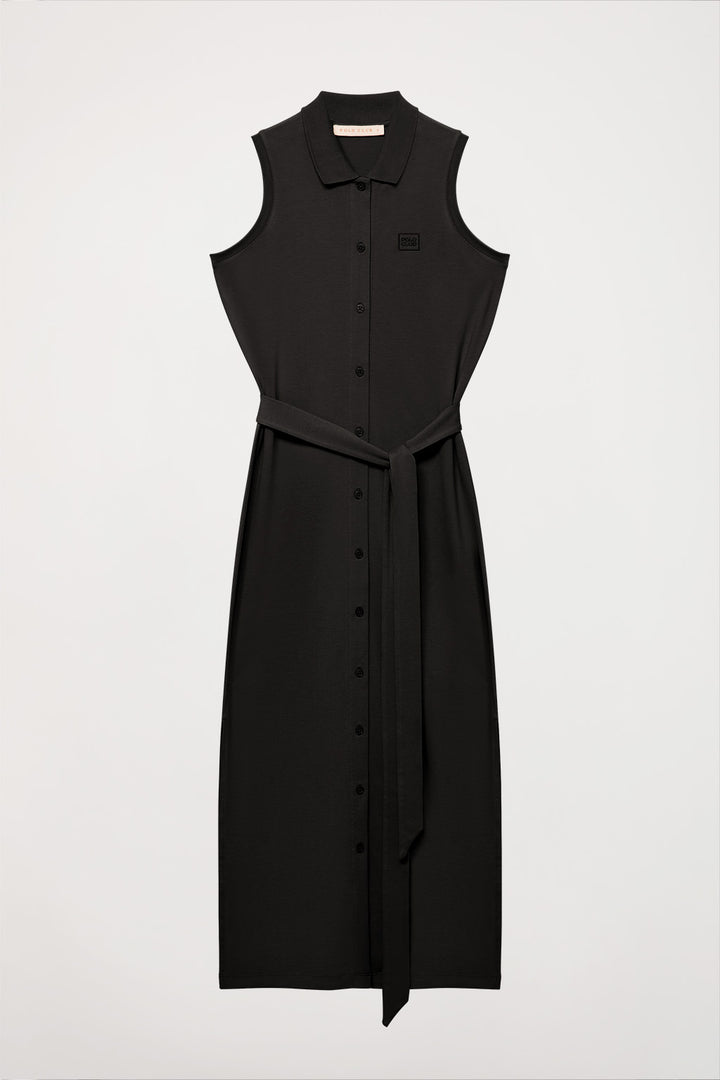 Black sleeveless dress with embroidered logo in matching colour