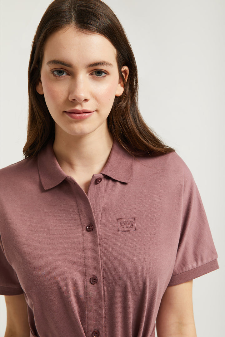 Vestido midi taupe com logótipo bordado no mesmo tom