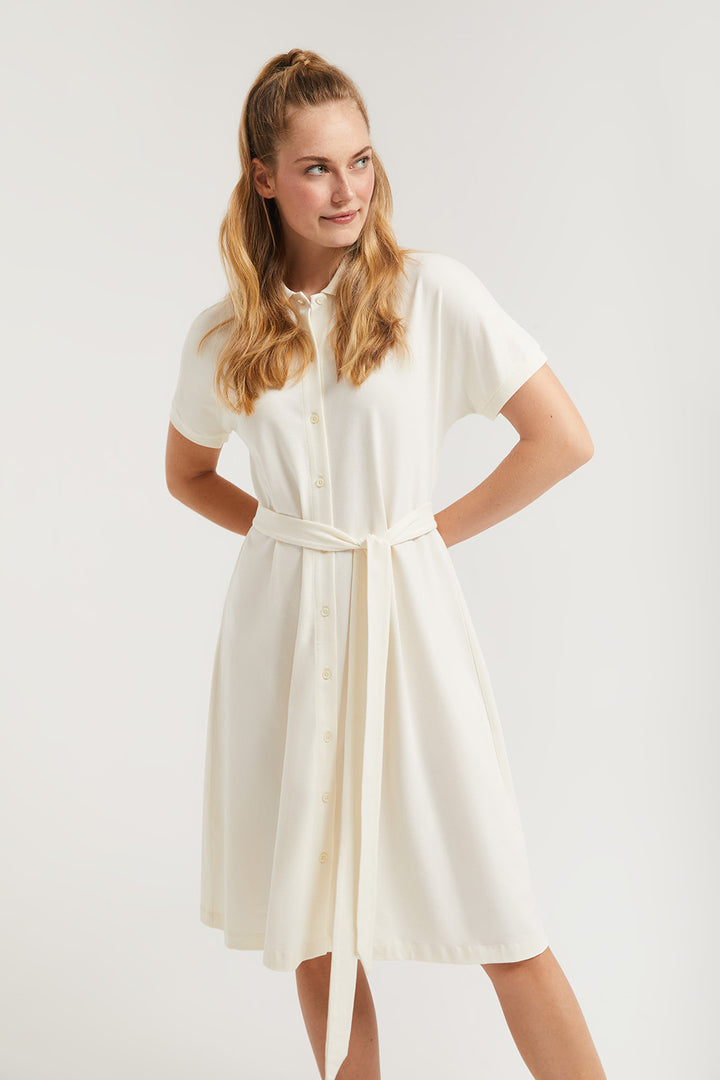 Vestido midi beige com logótipo bordado no mesmo tom