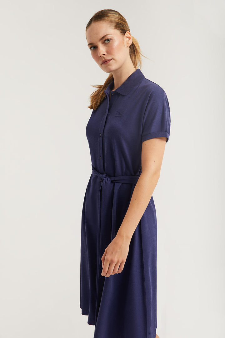 Vestido midi azul marinho com logótipo bordado no mesmo tom