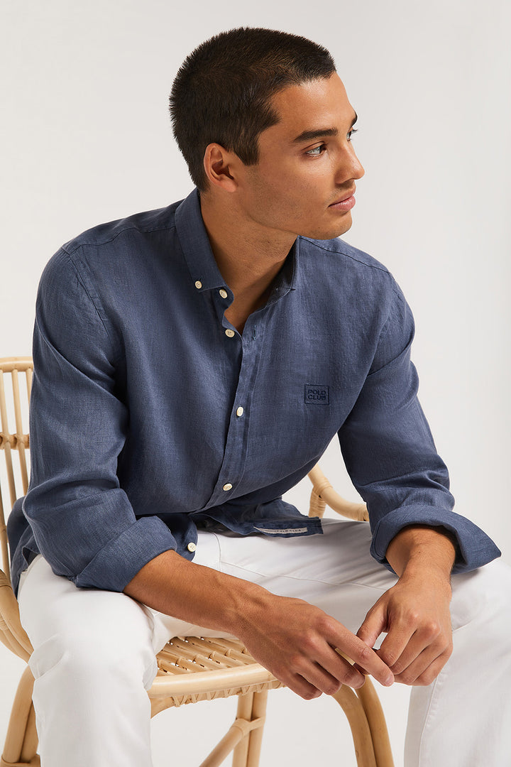 Camisa de linho azul denim com logótipo bordado