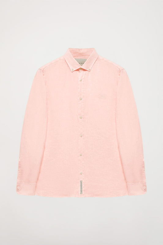 Camisa de linho rosa claro com logótipo bordado