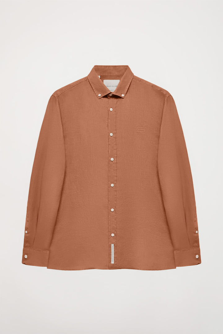 Brown linen shirt with embroidered logo