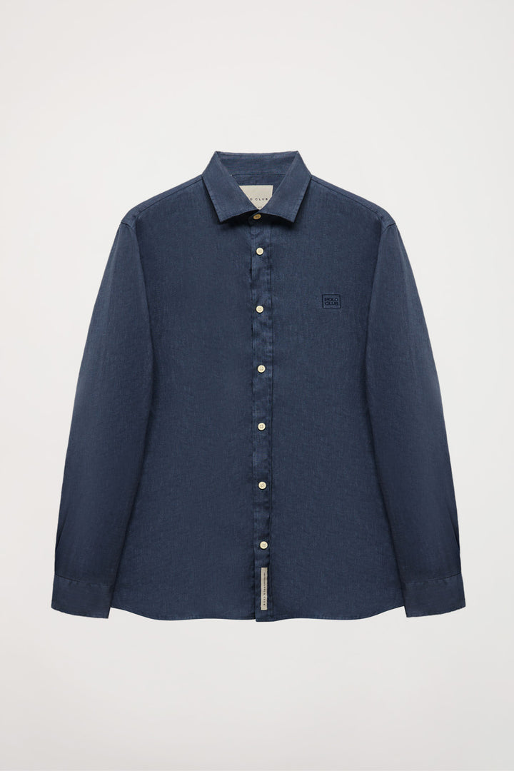 Navy-blue French-collar linen shirt with embroidered logo