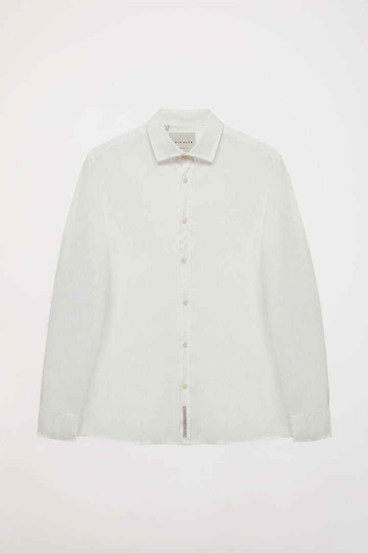 Camisa de lino blanca de cuello francés y logo bordado
