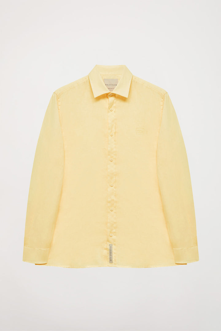 Yellow French-collar linen shirt with embroidered logo