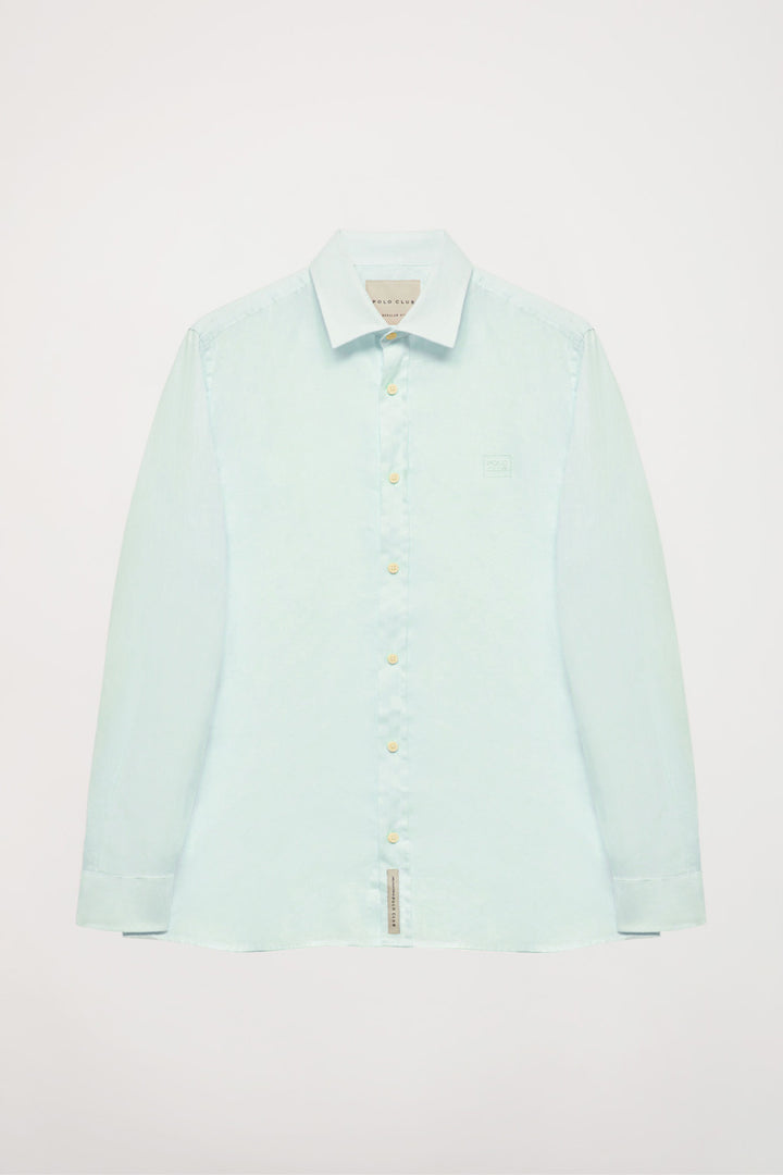Light-blue French-collar linen shirt with embroidered logo