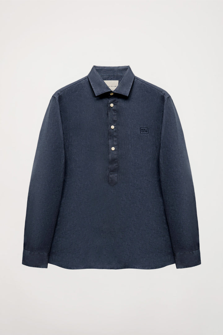 Navy-blue custom-fit popover shirt with embroidered logo