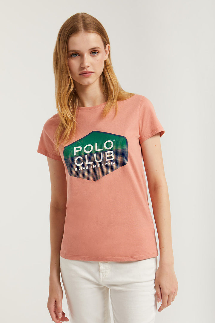 T-shirt cor de barro com print hexagonal