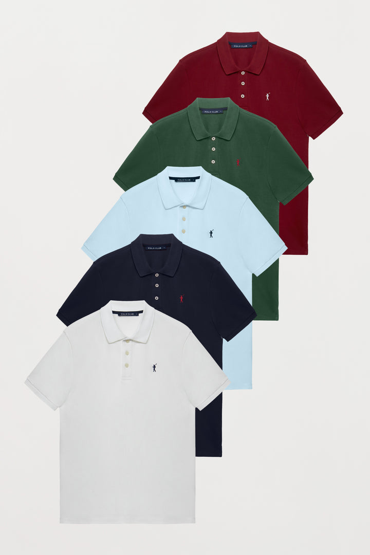 Polo shirt with embroidered logo 5 pack (navy blue, sky blue, white, maroon and bottle green)