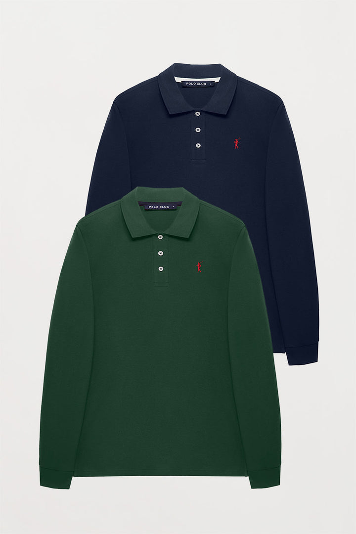 Pack de dois polos de manga comprida azul marinho e verde garrafa com logótipo bordado