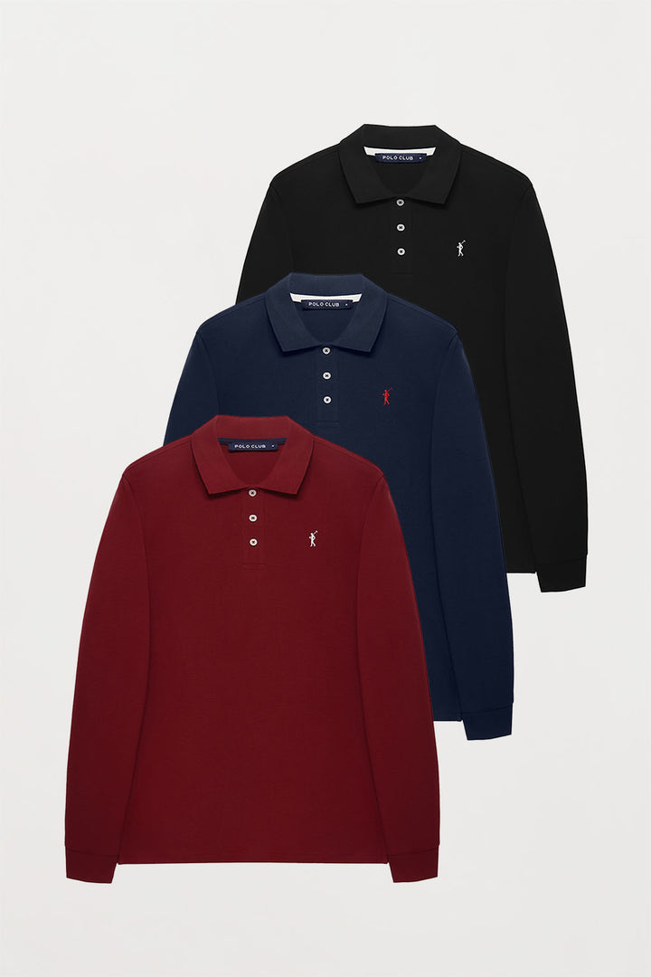 Pack de três polos de manga comprida em azul marinho, grená e preto, com logótipo bordado