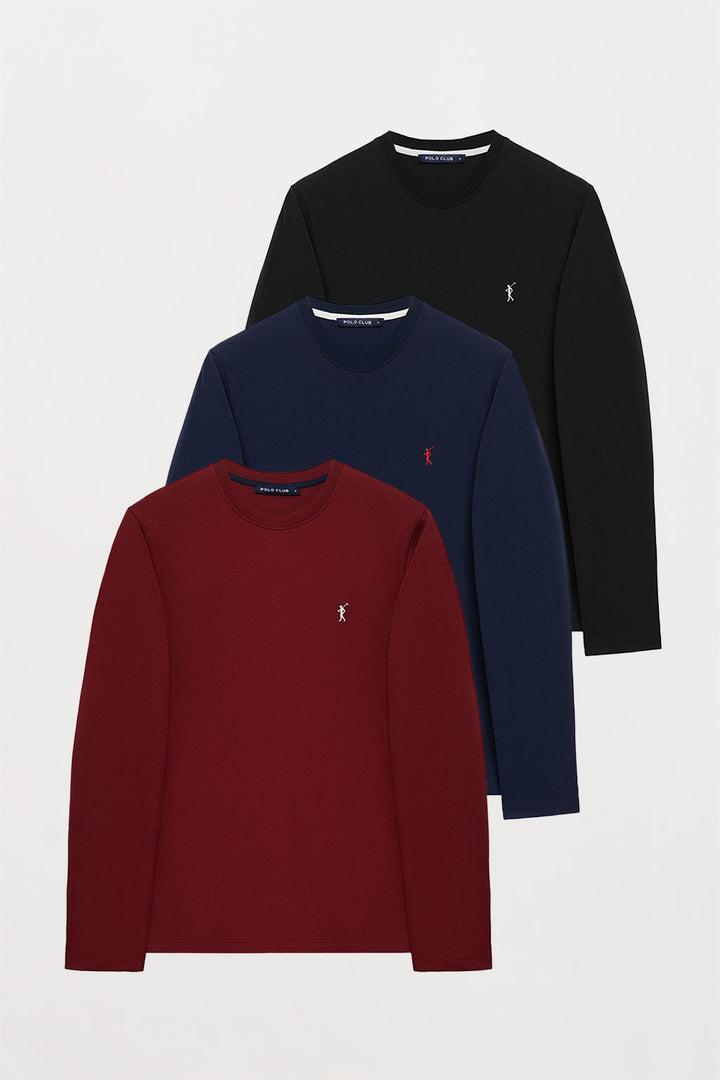 Pack de três t-shirts básicas em preto, bordeaux e azul marinho, com manga comprida e logótipo bordado