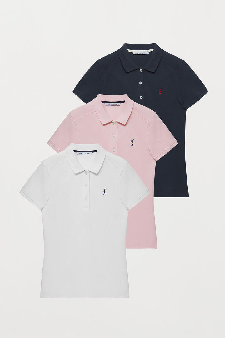 Pack with three Polo Shirt Rigby Go logo emboired in navy blue, white and pink