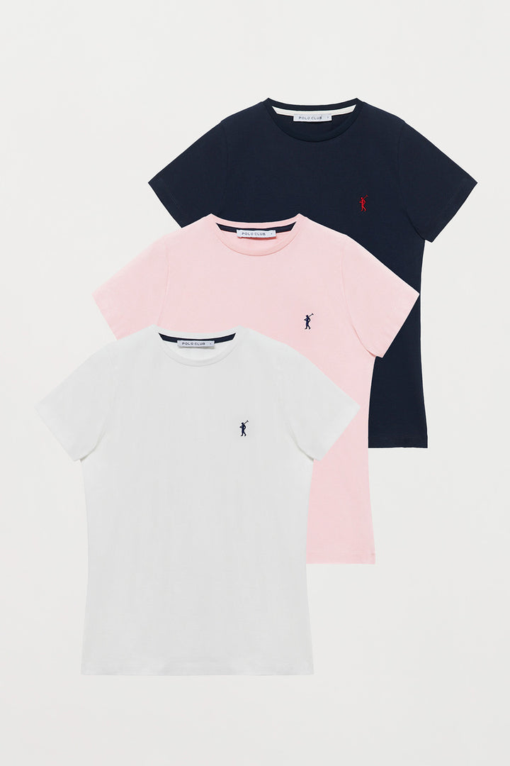 Pack de três t-shirts básicas em azul marinho, branco e rosa com logótipo Rigby Go