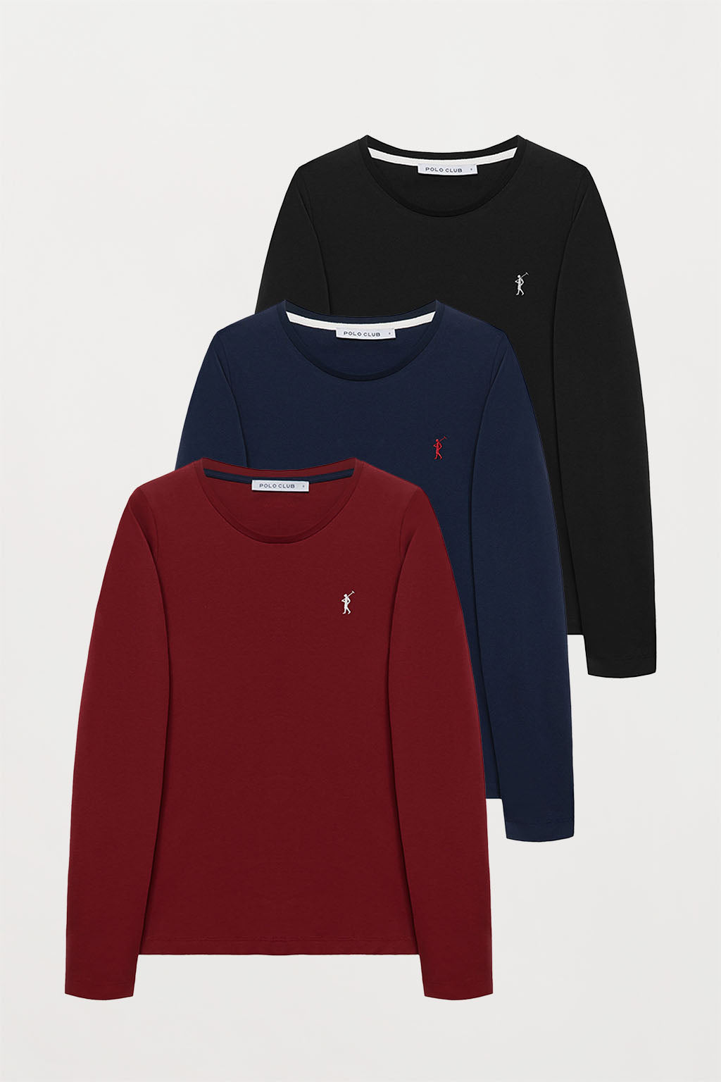 Pack de tres camisetas de manga larga azul marino, granate y negra con –  Polo Club