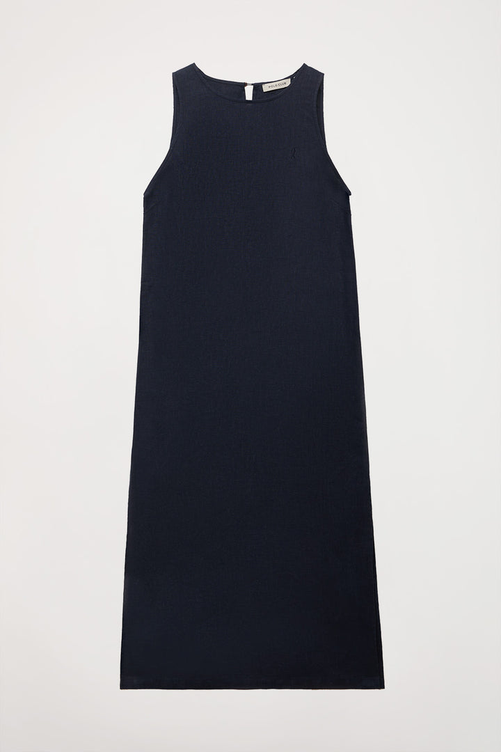 Navy-blue sleeveless linen dress with Rigby Go logo