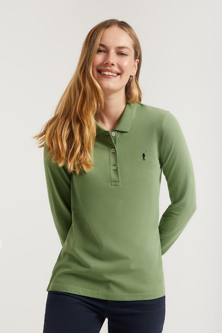 Polo de manga larga piqué color verde lodo con logo Rigby Go
