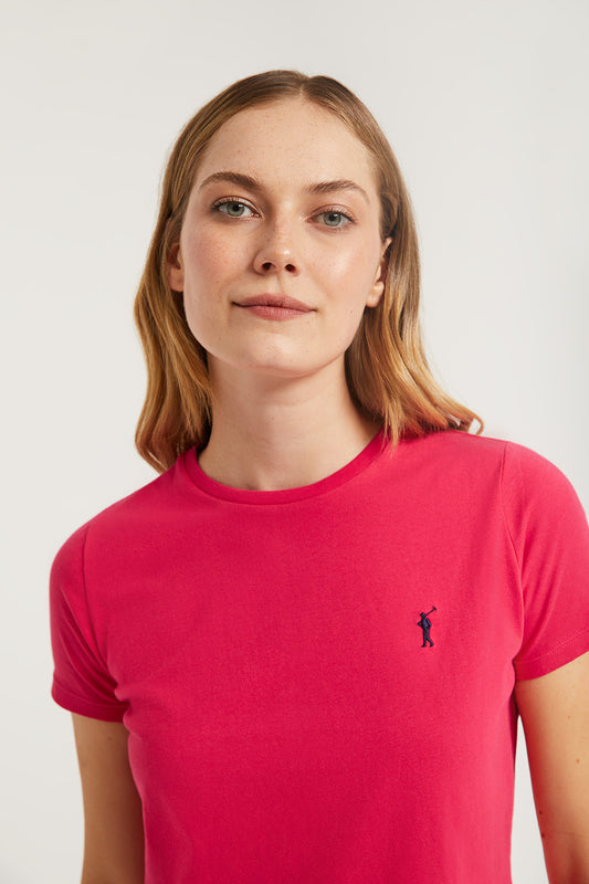 Fuchsia short-sleeve basic tee with Rigby Go logo