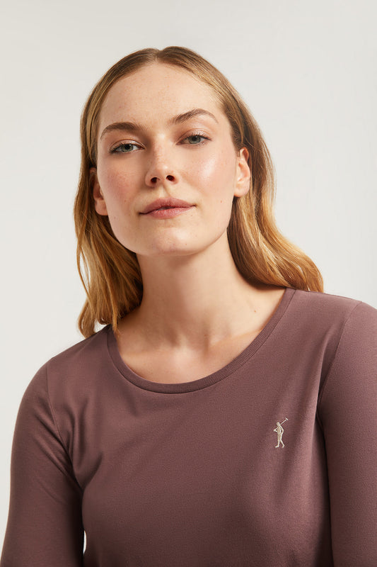 Taupe long-sleeve basic tee with Rigby Go logo