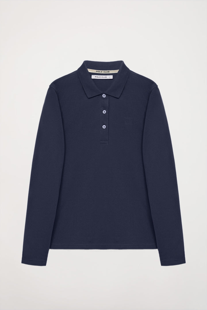 Navy-blue long-sleeve pique polo shirt with Polo Club logo