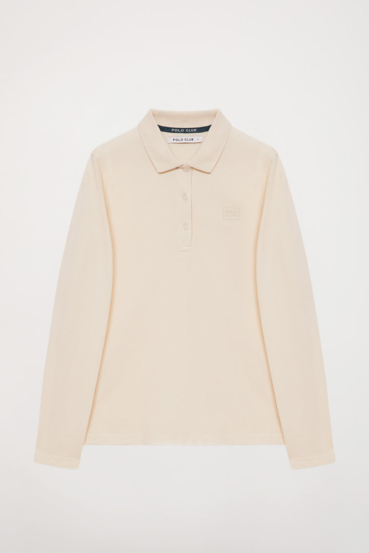 Polo de manga larga piqué beige con logo Polo Club