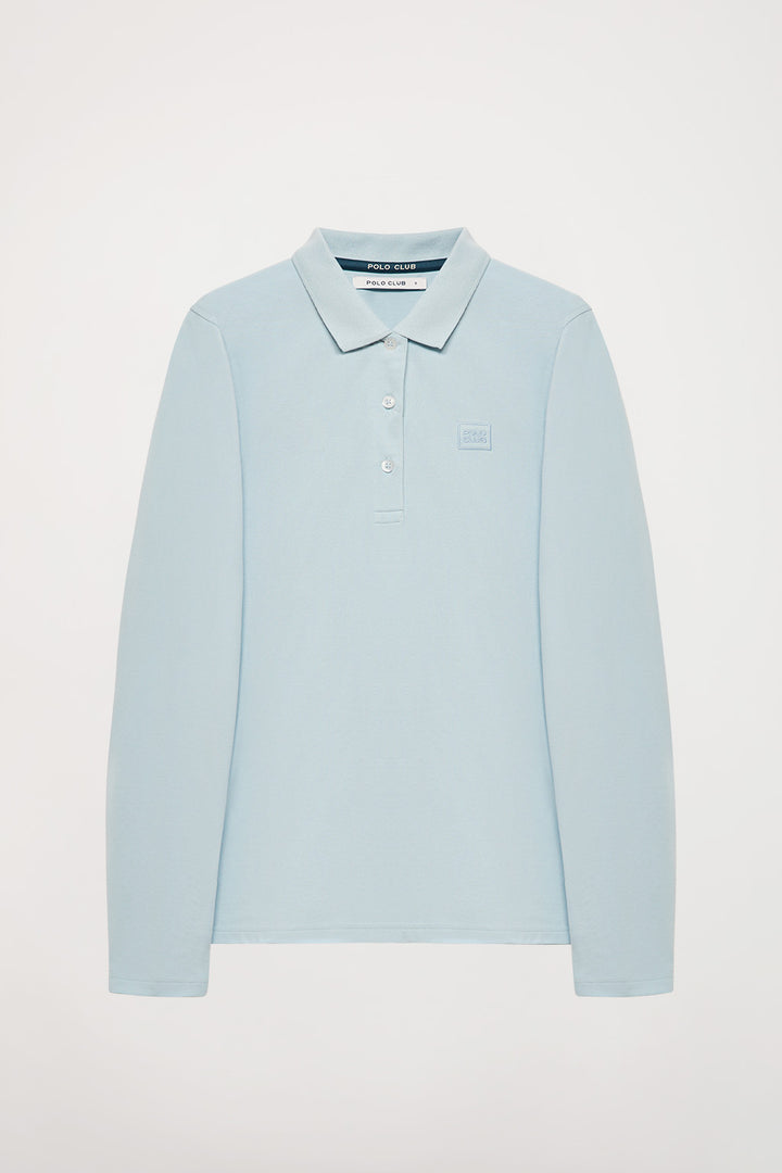Sky-blue long-sleeve pique polo shirt with Polo Club logo