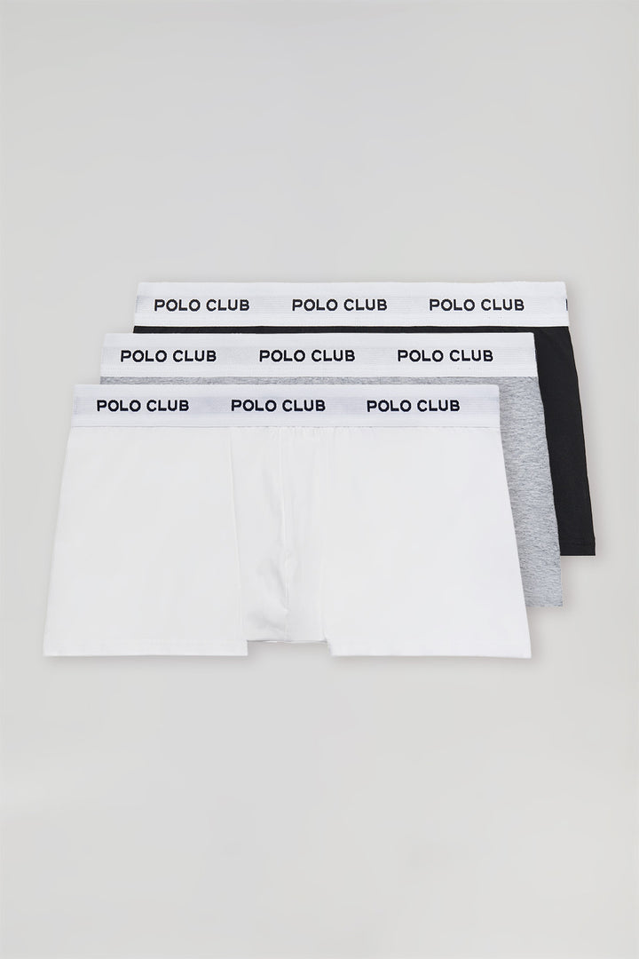 Pack de três boxers, preto, ciznento e branco, com logótipo Polo Club