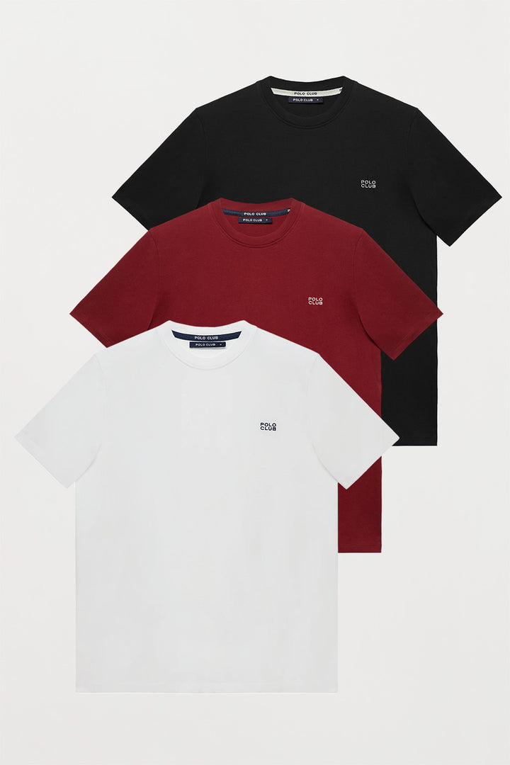 Pack de três t-shirts em preto, branco e bordeaux com decote redondo e logótipo bordado