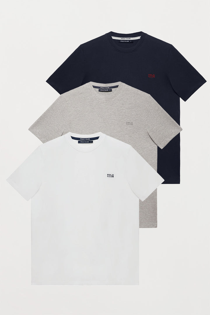 Pack de três t-shirts em branco, azul marinho e cinza vigoré, com decote redondo e logótipo bordado