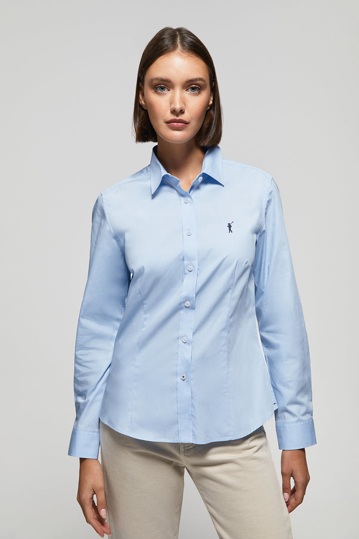Camisa de popelina Slim Fit azul celeste com bordado Rigby Go