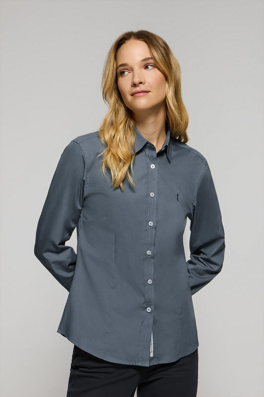 Camisa de popelina Slim Fit azul denim com bordado Rigby Go