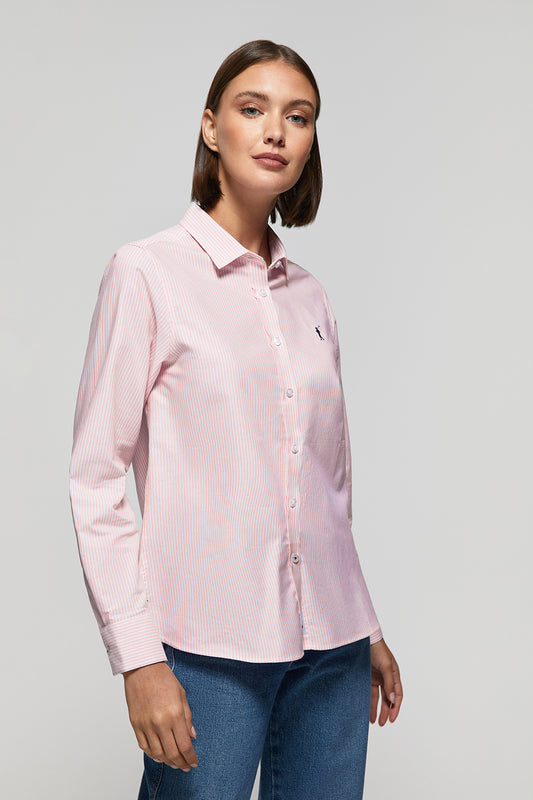Pink striped Oxford shirt with Rigby Go logo