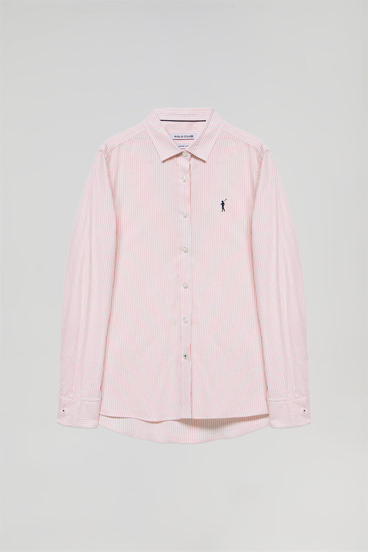 Pink striped Oxford shirt with Rigby Go logo