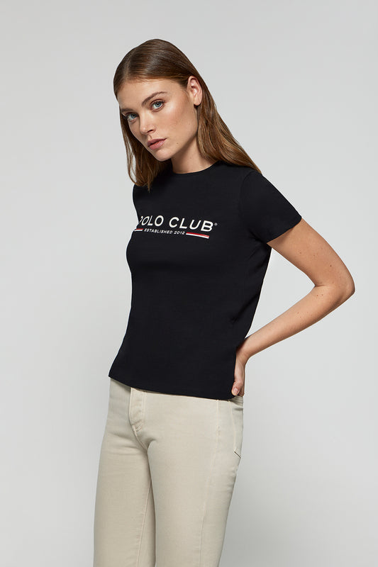 Black basic T-shirt with chest iconic print
