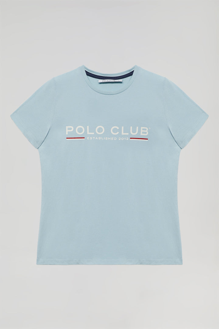 Sky-blue basic T-shirt with chest iconic print