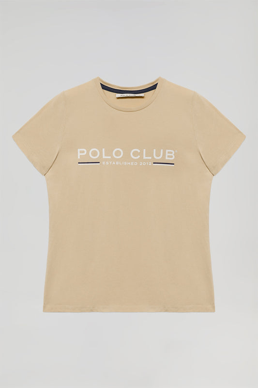 T-shirt básica cor-de-areia com print icónico no peito